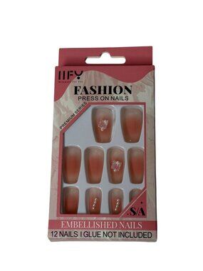 Nude Ombre Press On Nails Pearl Butterfly Glitter Short Square